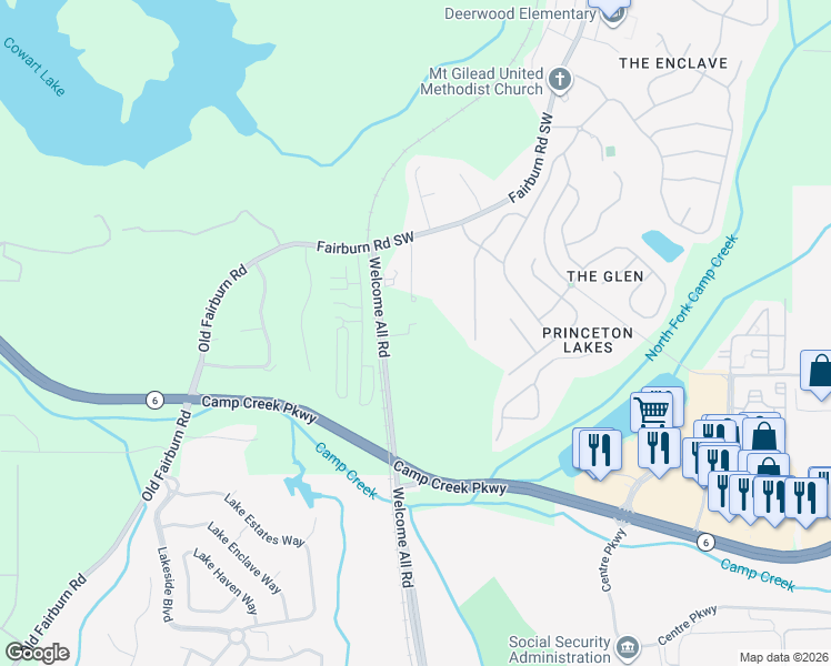 map of restaurants, bars, coffee shops, grocery stores, and more near 3418 Welcome All Road in Atlanta