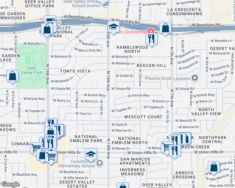 map of restaurants, bars, coffee shops, grocery stores, and more near 19241 North 14th Drive in Phoenix