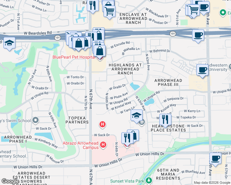 map of restaurants, bars, coffee shops, grocery stores, and more near 6585 West Oraibi Drive in Glendale
