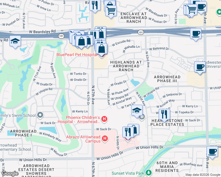 map of restaurants, bars, coffee shops, grocery stores, and more near 6585 West Oraibi Drive in Glendale