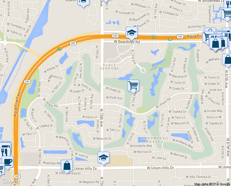 map of restaurants, bars, coffee shops, grocery stores, and more near 7378 West Oraibi Drive in Glendale