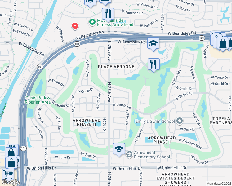 map of restaurants, bars, coffee shops, grocery stores, and more near 7425 West Oraibi Drive in Glendale