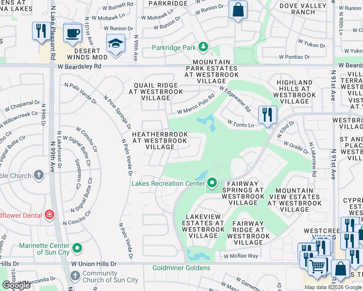 map of restaurants, bars, coffee shops, grocery stores, and more near 19606 North 97th Lane in Peoria