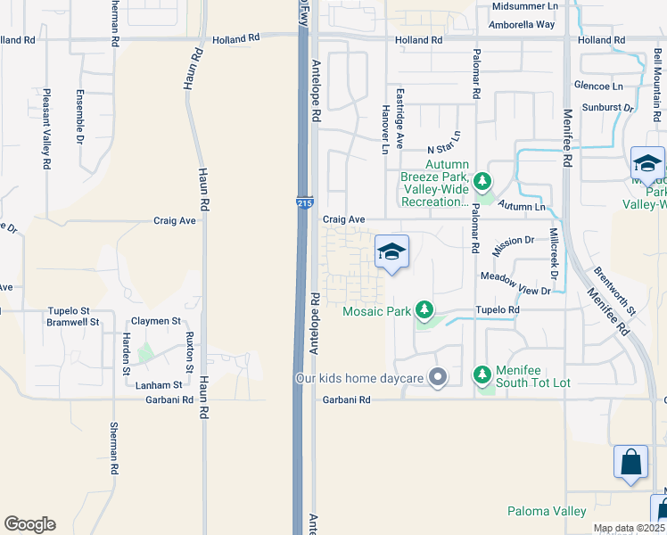 map of restaurants, bars, coffee shops, grocery stores, and more near 31656 Antelope Road in Menifee