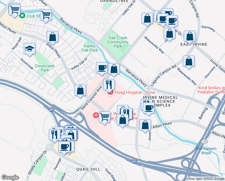 map of restaurants, bars, coffee shops, grocery stores, and more near Irvine Regional Hospital in Irvine