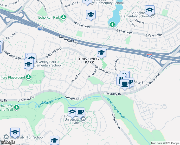 map of restaurants, bars, coffee shops, grocery stores, and more near 4901 Rain Tree Lane in Irvine