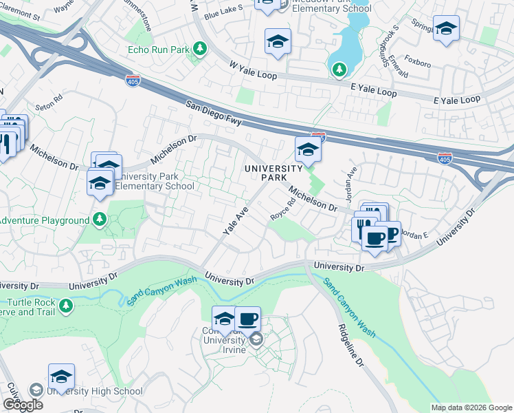 map of restaurants, bars, coffee shops, grocery stores, and more near 4901 Rain Tree Lane in Irvine