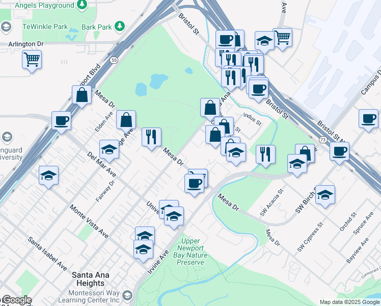 map of restaurants, bars, coffee shops, grocery stores, and more near 20432 Santa Ana Avenue in Newport Beach