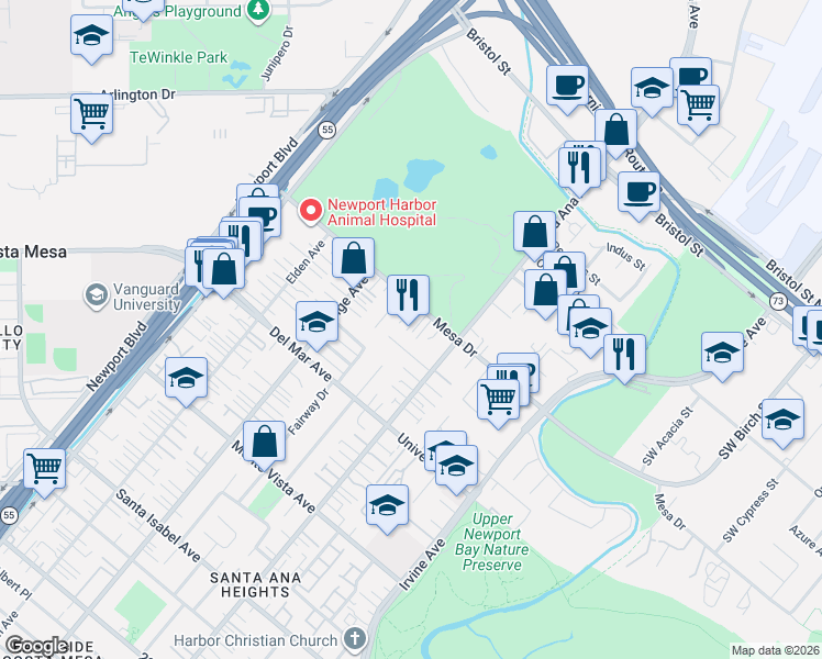 map of restaurants, bars, coffee shops, grocery stores, and more near 255 Mesa Drive in Costa Mesa