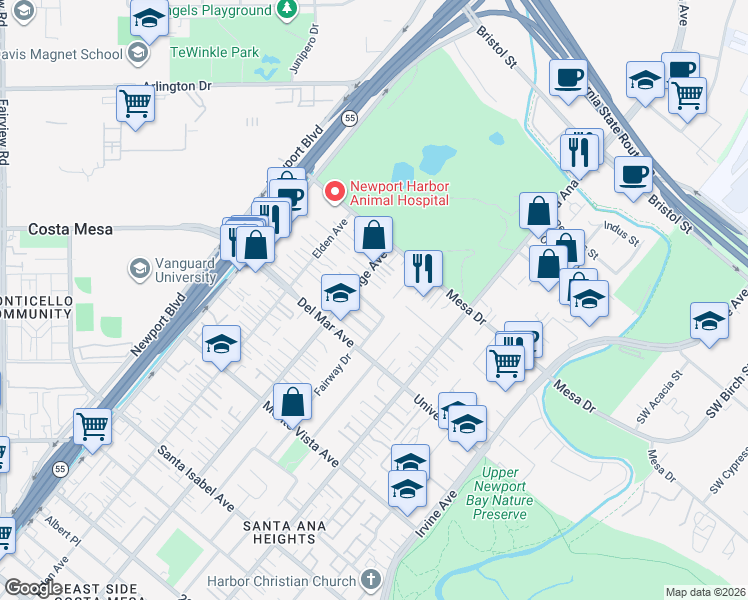 map of restaurants, bars, coffee shops, grocery stores, and more near 2655 Club Mesa Place in Costa Mesa