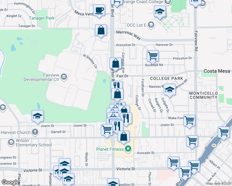 map of restaurants, bars, coffee shops, grocery stores, and more near 471 Fair Drive in Costa Mesa