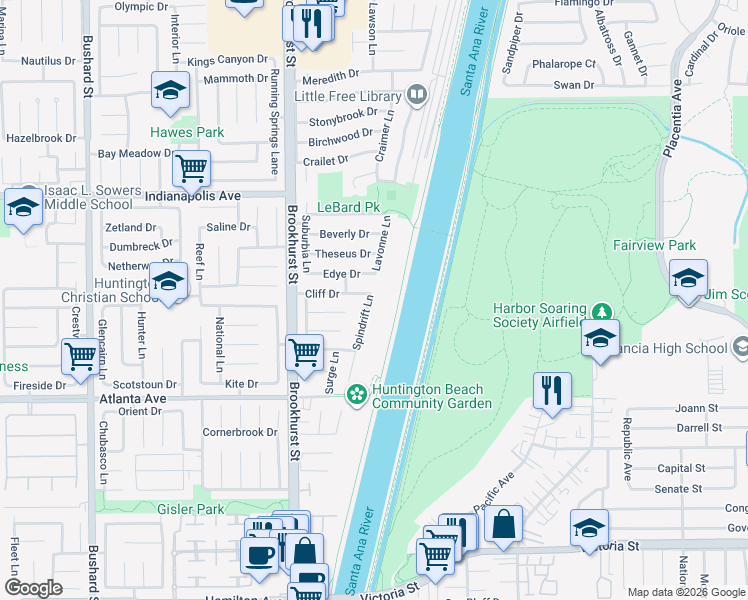 map of restaurants, bars, coffee shops, grocery stores, and more near 20672 Spindrift Lane in Huntington Beach
