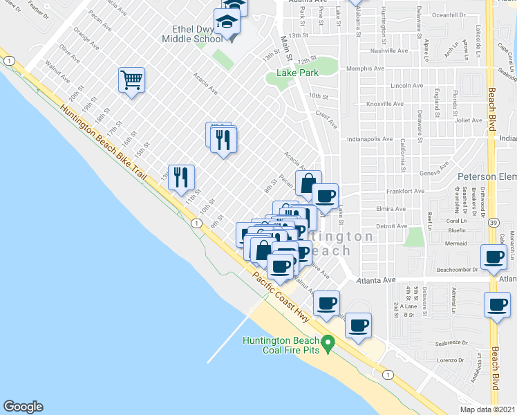 map of restaurants, bars, coffee shops, grocery stores, and more near 810 Olive Avenue in Huntington Beach