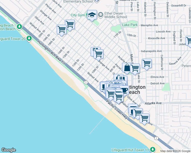 map of restaurants, bars, coffee shops, grocery stores, and more near 211 9th Street in Huntington Beach