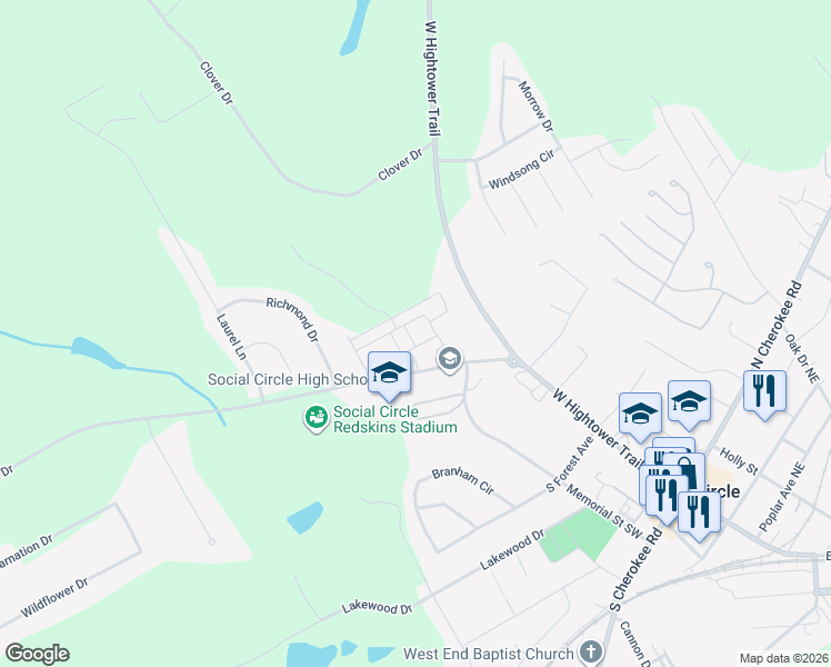 map of restaurants, bars, coffee shops, grocery stores, and more near 132 Cowpens Road in Social Circle
