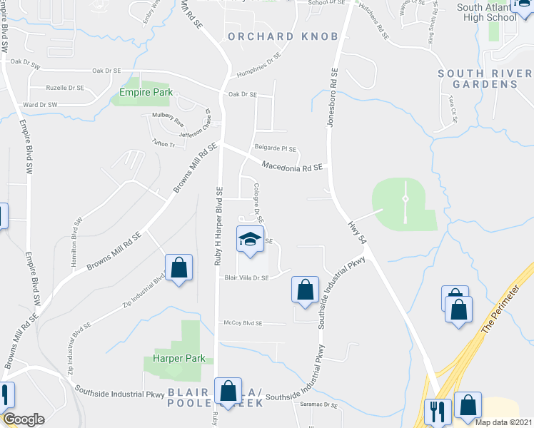 map of restaurants, bars, coffee shops, grocery stores, and more near 442 Cologne Drive Southeast in Atlanta