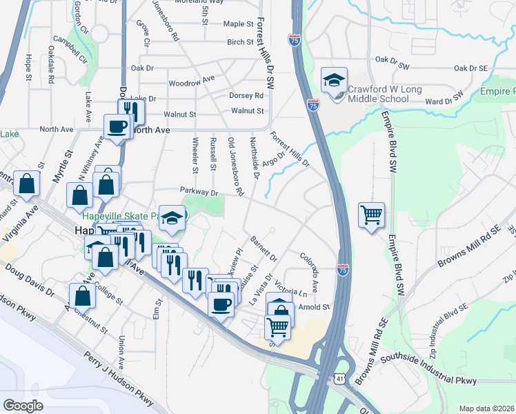 map of restaurants, bars, coffee shops, grocery stores, and more near 3395 Old Jonesboro Road in Hapeville