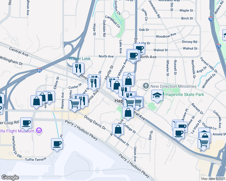 map of restaurants, bars, coffee shops, grocery stores, and more near 725 North Central Avenue in Hapeville