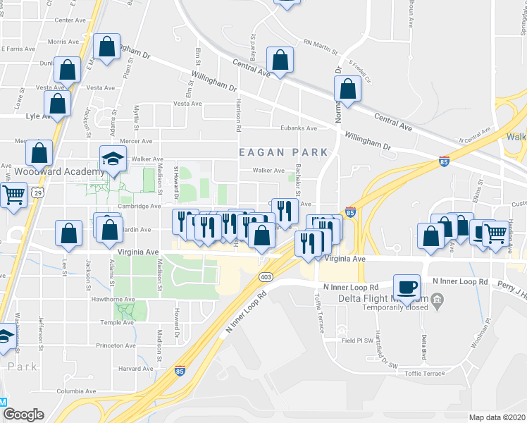 map of restaurants, bars, coffee shops, grocery stores, and more near 3439 Lee Street in East Point