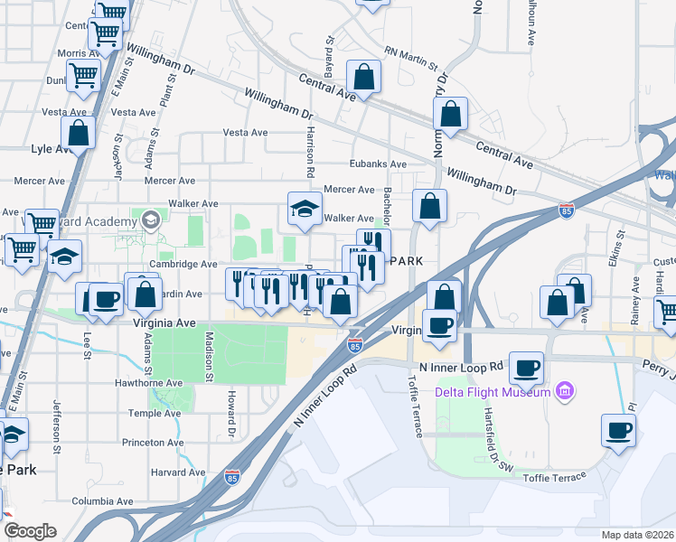map of restaurants, bars, coffee shops, grocery stores, and more near 3439 Lee Street in East Point