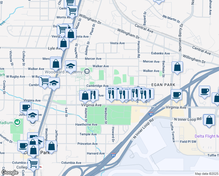 map of restaurants, bars, coffee shops, grocery stores, and more near 1518 Cambridge Avenue in College Park