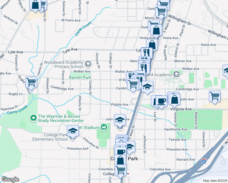 map of restaurants, bars, coffee shops, grocery stores, and more near 1890 Cambridge Avenue in College Park