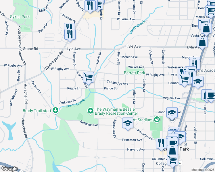 map of restaurants, bars, coffee shops, grocery stores, and more near 2151 Park Terrace in College Park