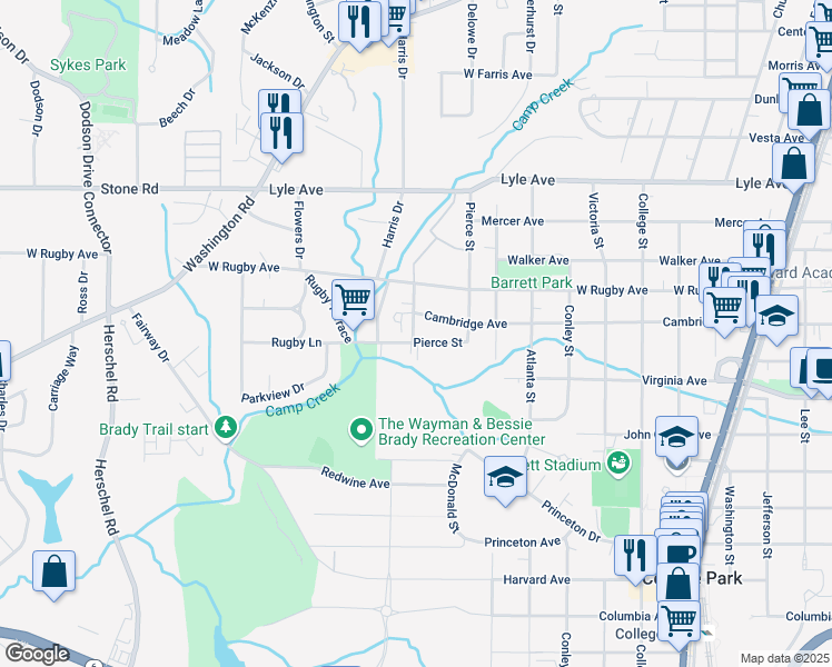 map of restaurants, bars, coffee shops, grocery stores, and more near 2161 Park Terrace in College Park