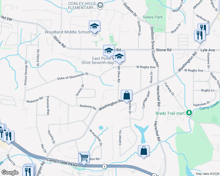 map of restaurants, bars, coffee shops, grocery stores, and more near 2739 Dresden Trail in East Point