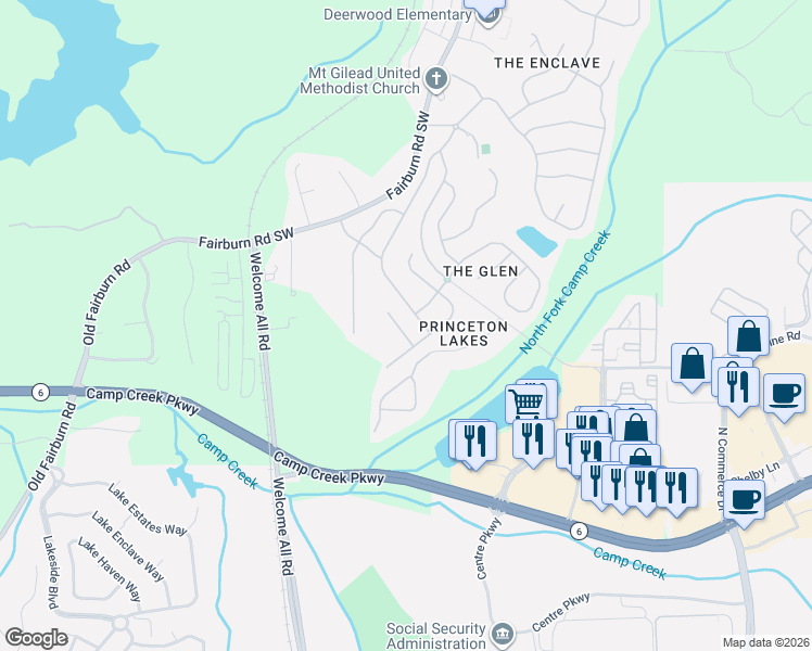 map of restaurants, bars, coffee shops, grocery stores, and more near 3613 Tinsley Way Southwest in Atlanta
