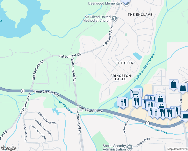 map of restaurants, bars, coffee shops, grocery stores, and more near 3277 Welmingham Drive Southwest in Atlanta