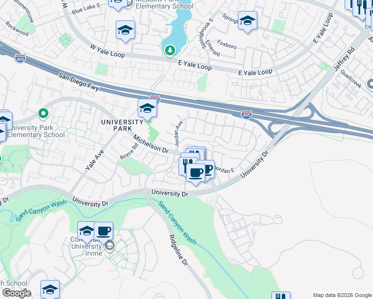 map of restaurants, bars, coffee shops, grocery stores, and more near 5146 Thorn Tree Lane in Irvine