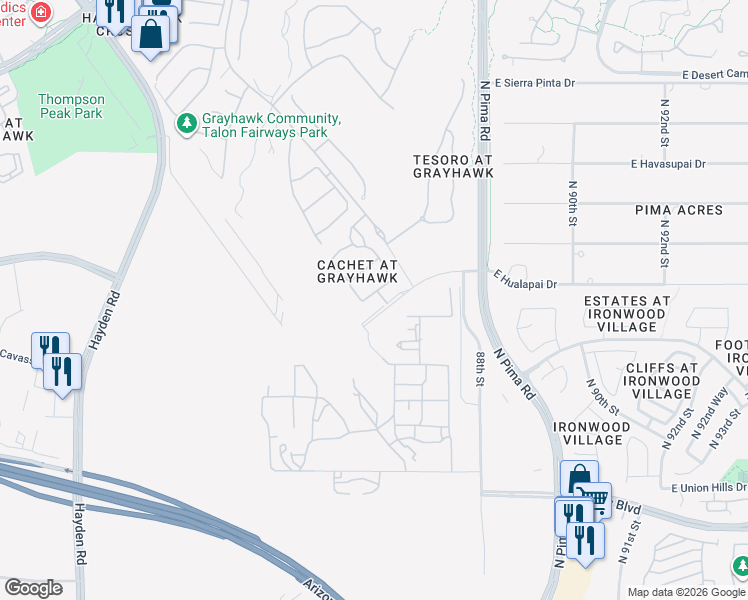 map of restaurants, bars, coffee shops, grocery stores, and more near 19550 North Grayhawk Drive in Scottsdale