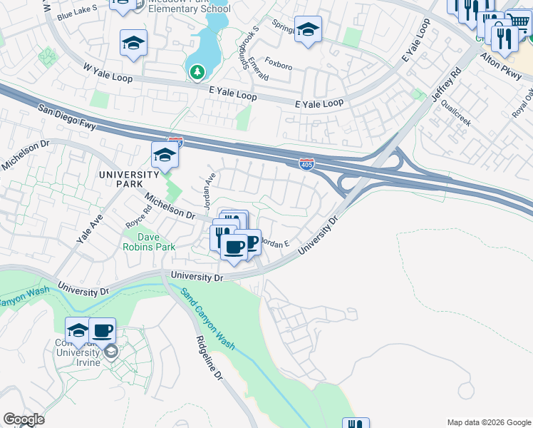 map of restaurants, bars, coffee shops, grocery stores, and more near 17305 Rosewood in Irvine
