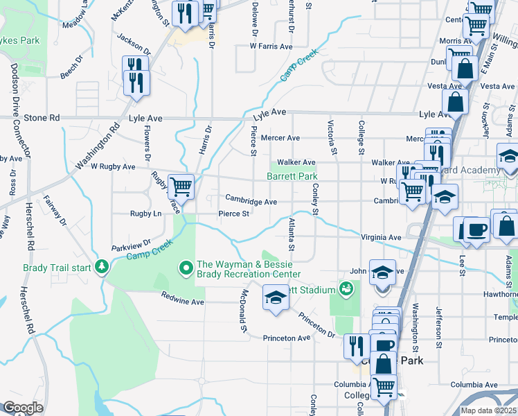 map of restaurants, bars, coffee shops, grocery stores, and more near 2090 Cambridge Avenue in College Park