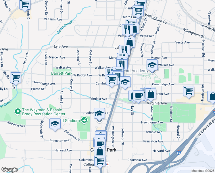 map of restaurants, bars, coffee shops, grocery stores, and more near 1824 Cambridge Avenue in College Park