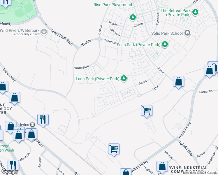 map of restaurants, bars, coffee shops, grocery stores, and more near 265 Shoveler in Irvine