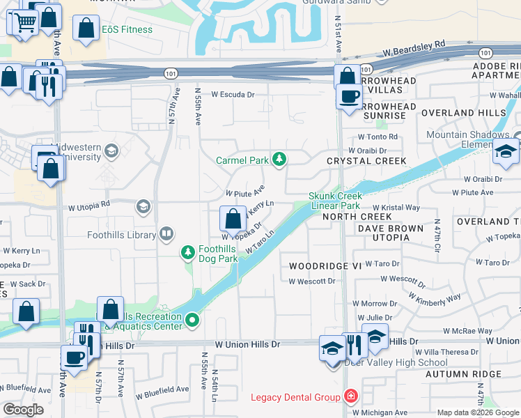 map of restaurants, bars, coffee shops, grocery stores, and more near 5351 West Kerry Lane in Glendale