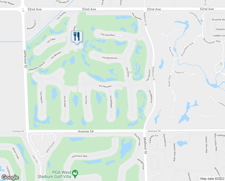 map of restaurants, bars, coffee shops, grocery stores, and more near 53344 Via Bellagio in La Quinta