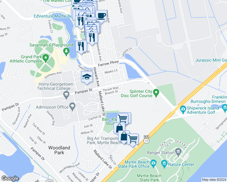 map of restaurants, bars, coffee shops, grocery stores, and more near 3420 Branch Street in Myrtle Beach