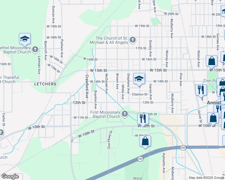 map of restaurants, bars, coffee shops, grocery stores, and more near 1213 West 13th Street in Anniston