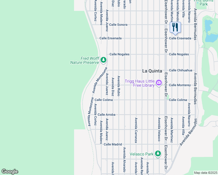map of restaurants, bars, coffee shops, grocery stores, and more near 53255 Avenida Diaz in La Quinta