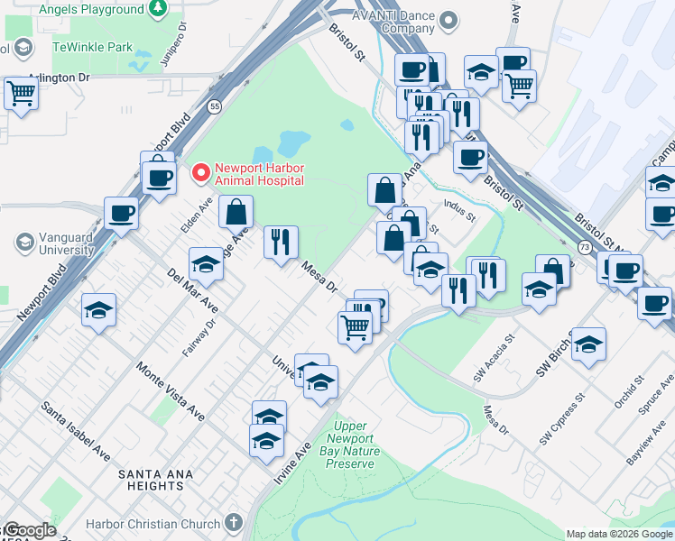 map of restaurants, bars, coffee shops, grocery stores, and more near 20432 Santa Ana Avenue in Newport Beach