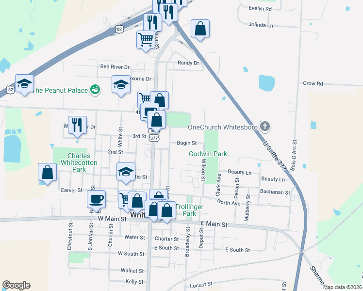 map of restaurants, bars, coffee shops, grocery stores, and more near 204 Bagin Street in Whitesboro