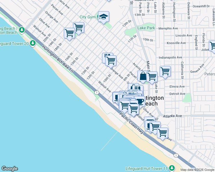 map of restaurants, bars, coffee shops, grocery stores, and more near 211 9th Street in Huntington Beach