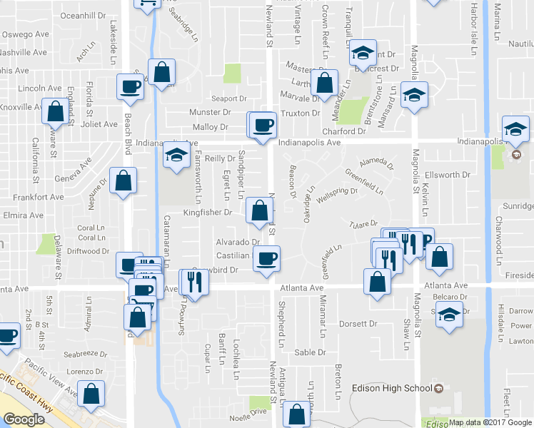 map of restaurants, bars, coffee shops, grocery stores, and more near 20732 Mission Lane in Huntington Beach