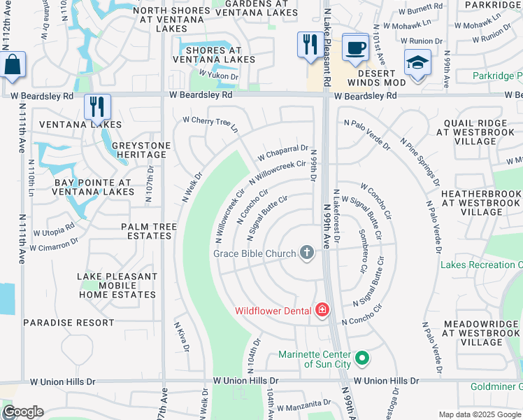 map of restaurants, bars, coffee shops, grocery stores, and more near 19632 North Signal Butte Circle in Sun City