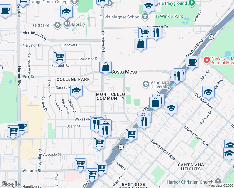 map of restaurants, bars, coffee shops, grocery stores, and more near 2408 Saratoga Way in Costa Mesa