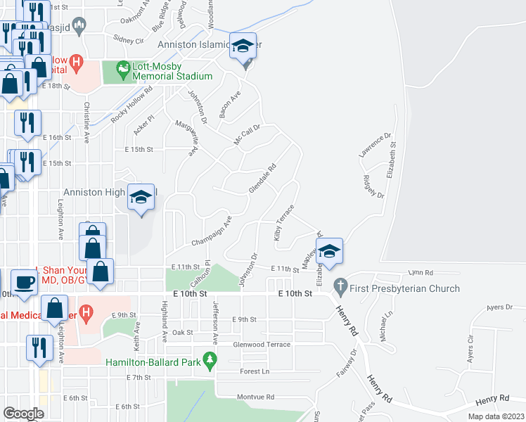 map of restaurants, bars, coffee shops, grocery stores, and more near 1304 Johnston Drive in Anniston