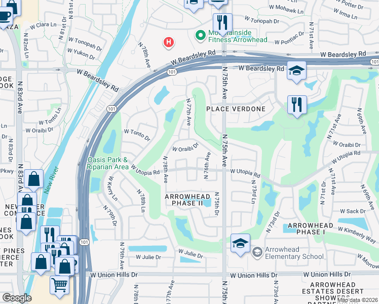 map of restaurants, bars, coffee shops, grocery stores, and more near 7720 West Oraibi Drive in Glendale